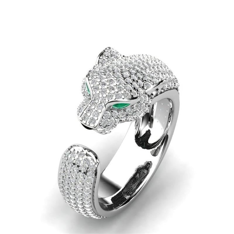 Avelena | Verstellbarer Ring aus 18K Silber und Roségold mit grünen Zirkonia-Augen Jaguarring