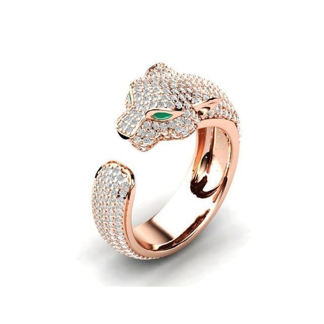 Avelena | Verstellbarer Ring aus 18K Silber und Roségold mit grünen Zirkonia-Augen Jaguarring