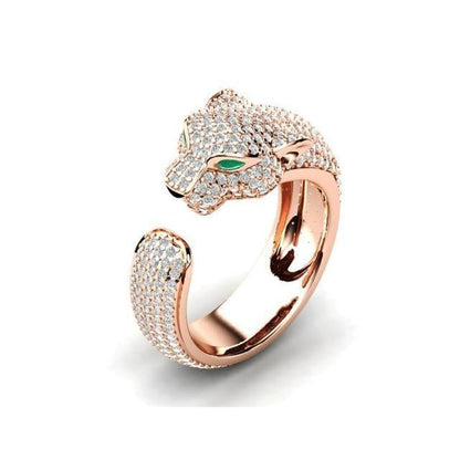Avelena | Verstellbarer Ring aus 18K Silber und Roségold mit grünen Zirkonia-Augen Jaguarring