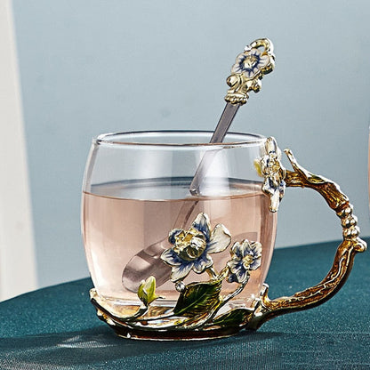 Avelena | Handgefertigte Emaille-Blumen-Glasmugge für Paare Liebesgeschenk kann Kaffee, aromatisierten Tee oder sogar Zitronensaft servieren in