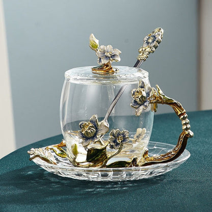 Avelena | Handgefertigte Emaille-Blumen-Glasmugge für Paare Liebesgeschenk kann Kaffee, aromatisierten Tee oder sogar Zitronensaft servieren in