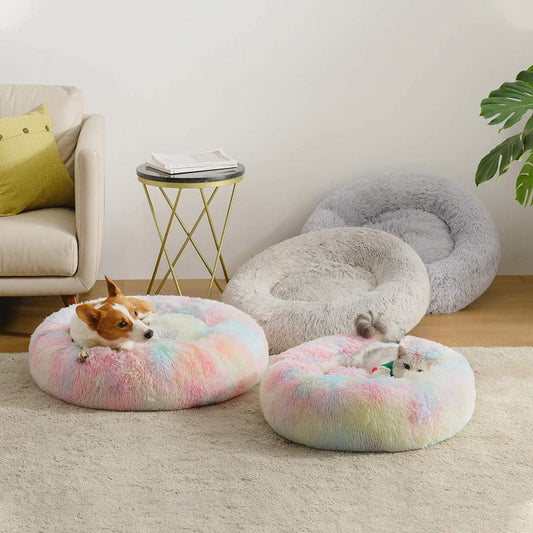 Avelena | Runder Regenbogen Extra Plüsch Beruhigender Donut Hundebetten
