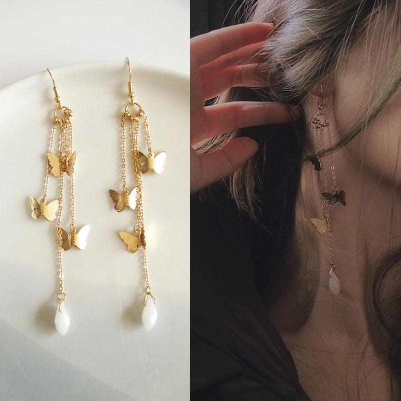 Avelena | Koreanischer Stil Retro Super Fee Schmetterling Quaste Lange Clip Ohrringe