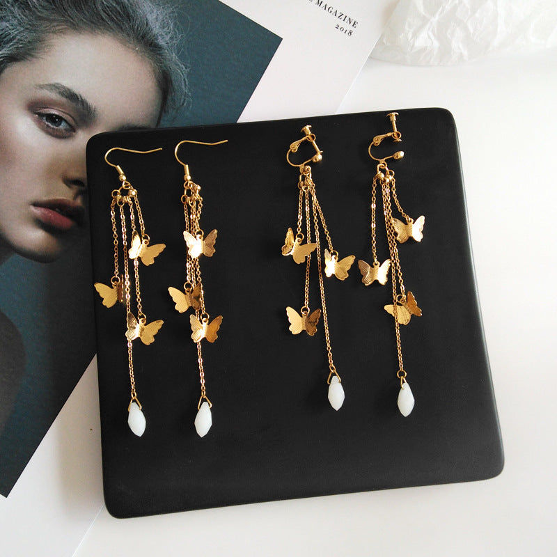 Avelena | Koreanischer Stil Retro Super Fee Schmetterling Quaste Lange Clip Ohrringe