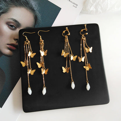 Avelena | Koreanischer Stil Retro Super Fee Schmetterling Quaste Lange Clip Ohrringe