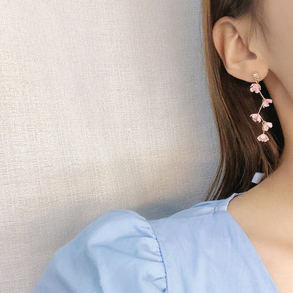 Avelena | Lange Strass Kristall Pink Sakura Blume mit Zirkon Clip Ohrringe