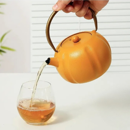 Avelena | Kürbis Gusseisen Teekanne mit Edelstahl-Infuser Internem Emaille