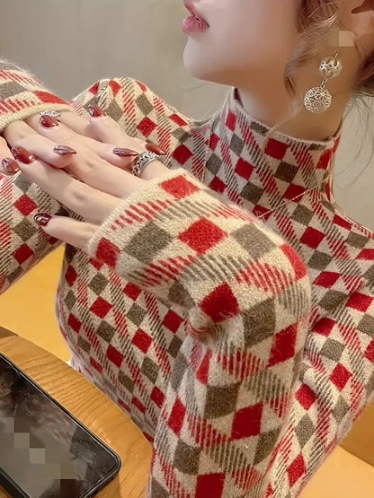 Avelena | Eleganter Damenstrickpullover Hoher Ausschnitt, Color Block