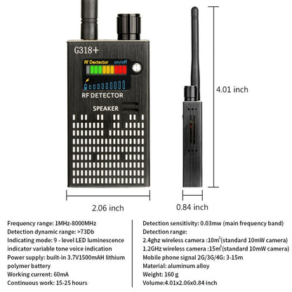 Avelena | Spionagesignal-Wanzendetektor, HF-Detektor, versteckte Kamera, Laserlinse, GSM-GPS-Gerätefinder