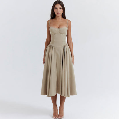 Sexy Midi-Cami-Sommerkleid mit halbem Ausschnitt, tiefer Taille und ausgestelltem Schnitt – Khaki