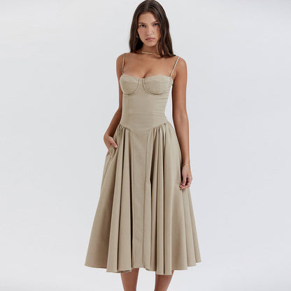 Sexy Midi-Cami-Sommerkleid mit halbem Ausschnitt, tiefer Taille und ausgestelltem Schnitt – Khaki