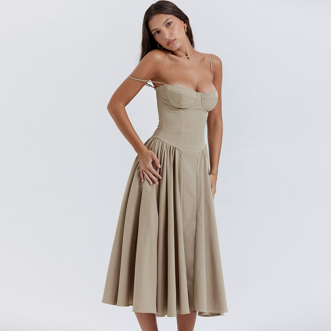 Sexy Midi-Cami-Sommerkleid mit halbem Ausschnitt, tiefer Taille und ausgestelltem Schnitt – Khaki