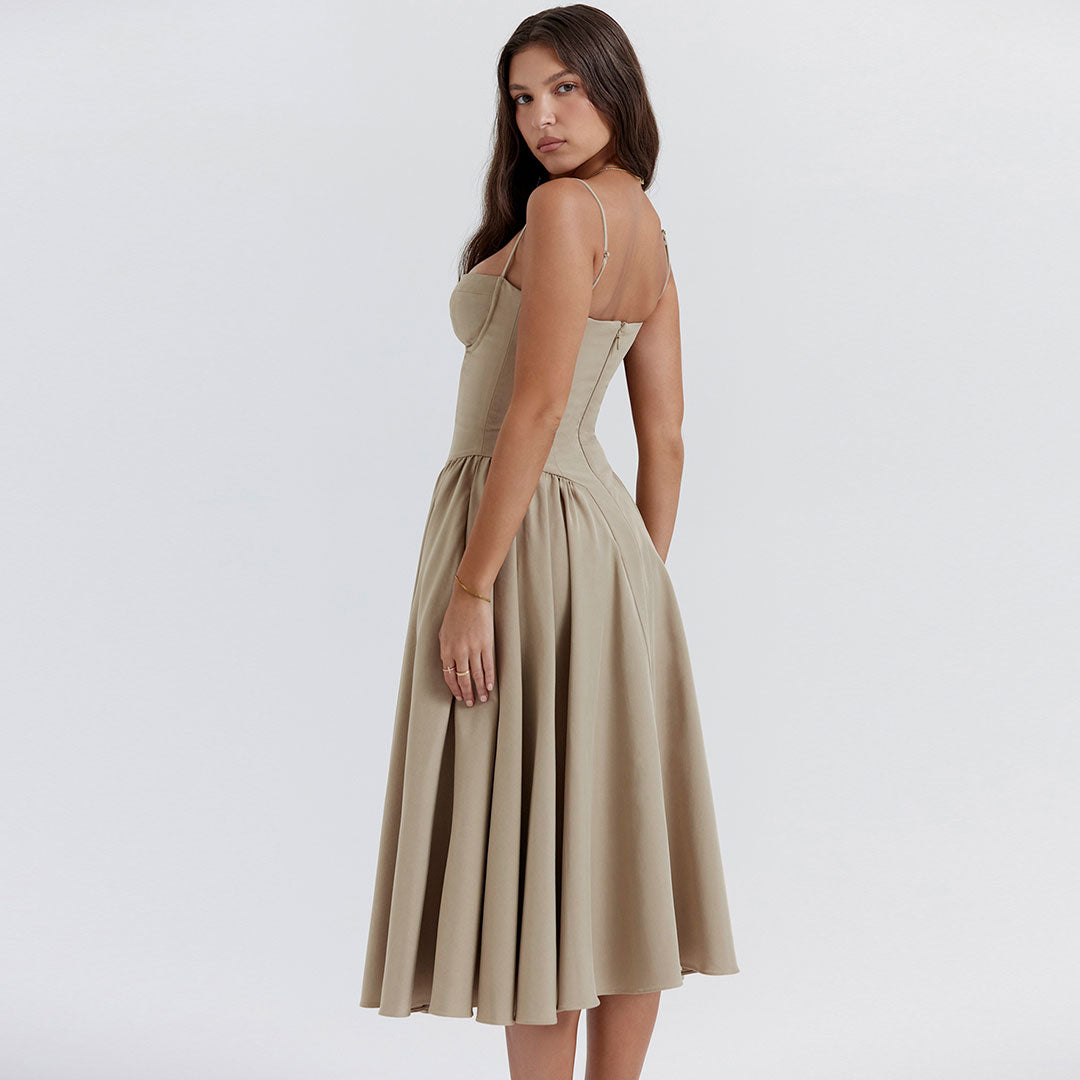 Sexy Midi-Cami-Sommerkleid mit halbem Ausschnitt, tiefer Taille und ausgestelltem Schnitt – Khaki