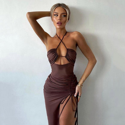 Sexy Neckholder-Party-Maxikleid mit hohem Schlitz und Ausschnitt vorne, gerüscht – Braun