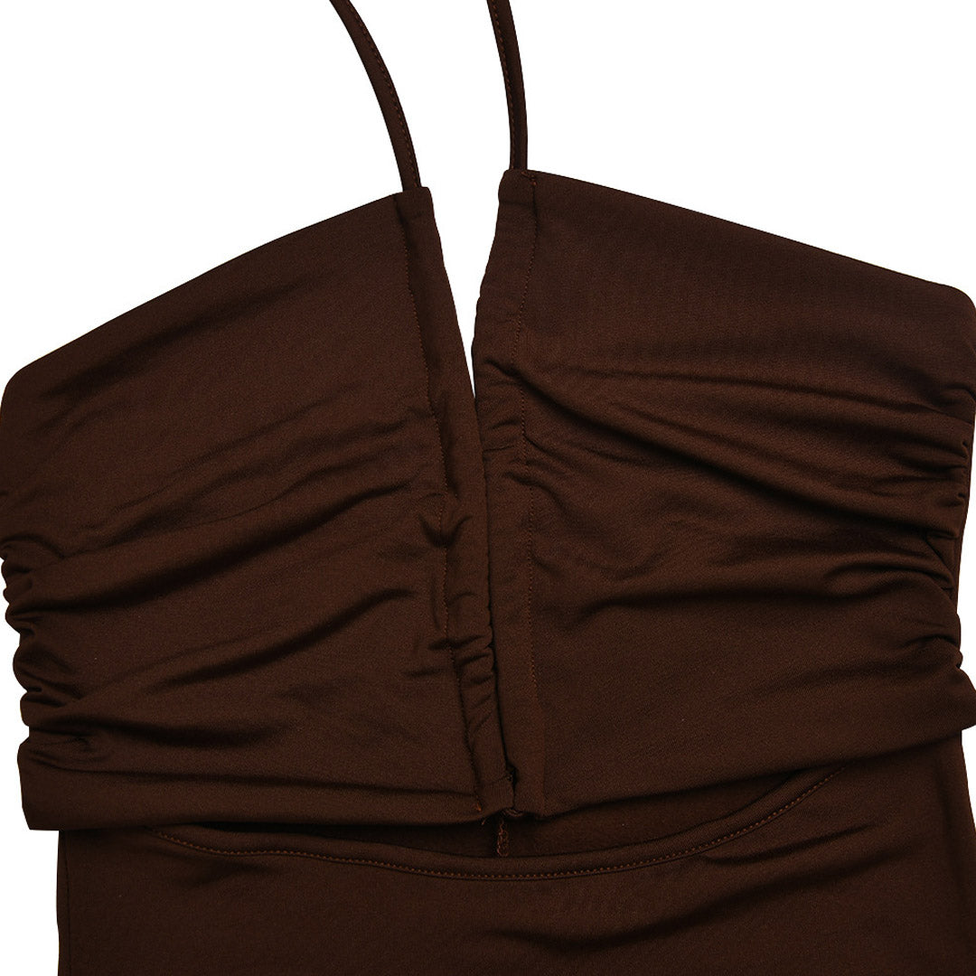 Sexy Neckholder-Party-Maxikleid mit hohem Schlitz und Ausschnitt vorne, gerüscht – Braun