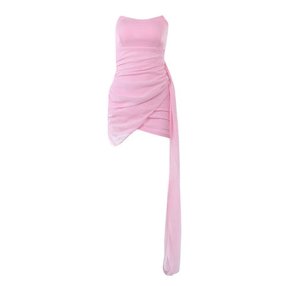 Sexy einfarbiges, trägerloses, figurbetontes Party-Minikleid mit gerafftem Wickelbesatz – Rosa