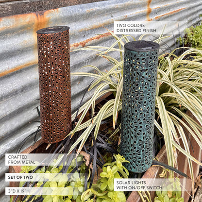 Avelena | Zylinderförmige Metall Außen Solarlichter Für Den Garten, Set mit Zwei