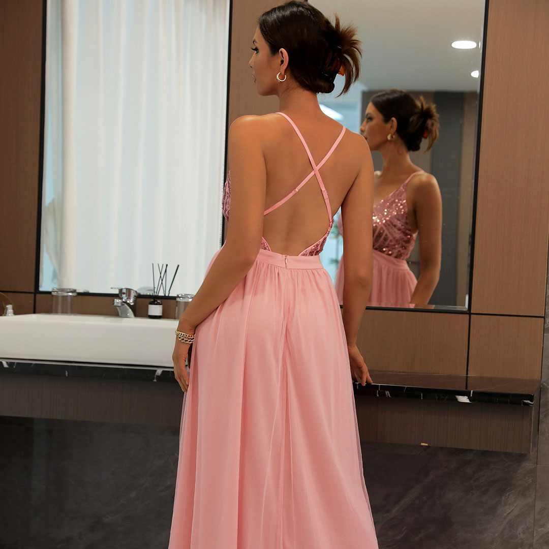 Rückenfreies Maxi-Abendkleid mit glitzerndem Pailletteneinsatz und tiefem V-Ausschnitt - Rosa