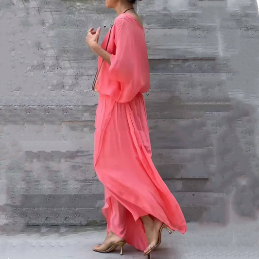 Avelena | 2-teiliges Chiffon-Set mit lockerem Oberteil und Hose mit weitem Schlitz