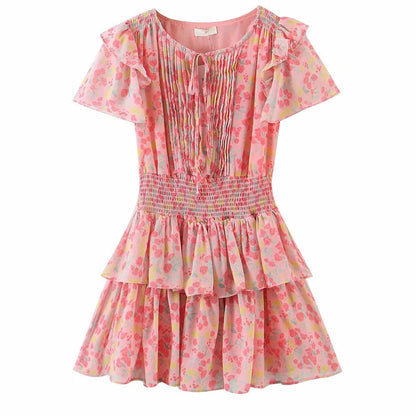 Süßes, gerüschtes, gestuftes Rüschen-Minikleid mit Blumenmuster – Rosa