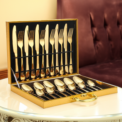 Avelena | Gold Besteckset Das Elegante 24-Teilige Gold & Silber Besteckset