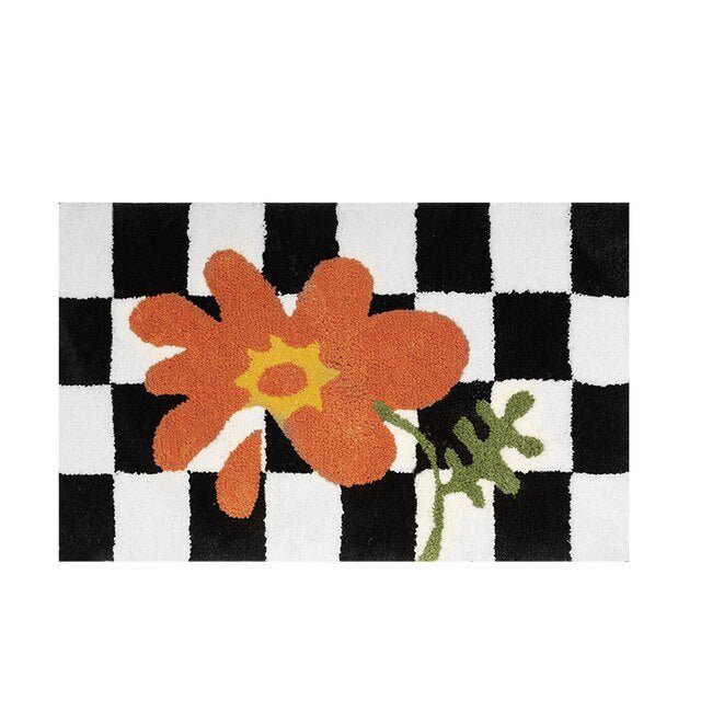 Avelena | Vintage Schachbrett Karo Badteppiche - Gemütlicher Retro Blumen Teppich für Badezimmer und Wohnkultur