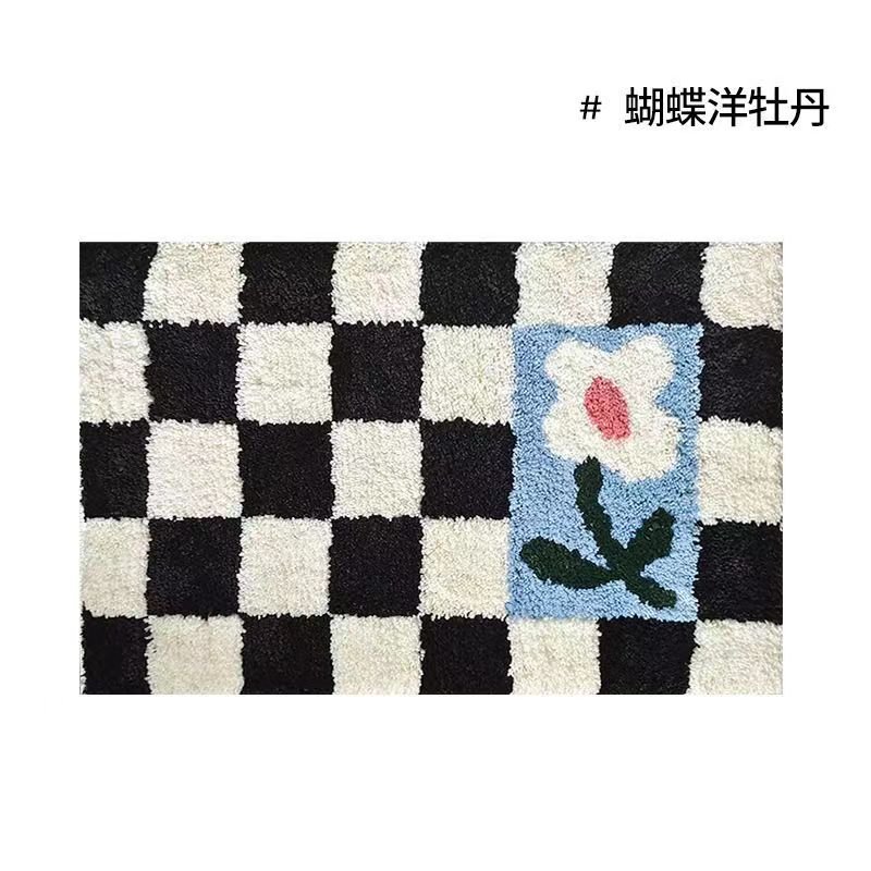 Avelena | Vintage Schachbrett Karo Badteppiche - Gemütlicher Retro Blumen Teppich für Badezimmer und Wohnkultur