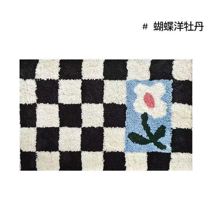 Avelena | Vintage Schachbrett Karo Badteppiche - Gemütlicher Retro Blumen Teppich für Badezimmer und Wohnkultur