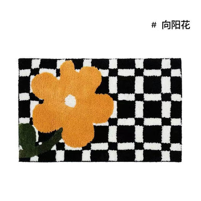 Avelena | Vintage Schachbrett Karo Badteppiche - Gemütlicher Retro Blumen Teppich für Badezimmer und Wohnkultur