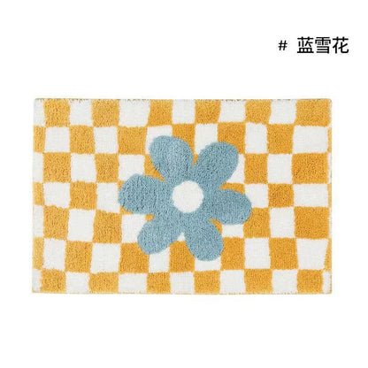 Avelena | Vintage Schachbrett Karo Badteppiche - Gemütlicher Retro Blumen Teppich für Badezimmer und Wohnkultur