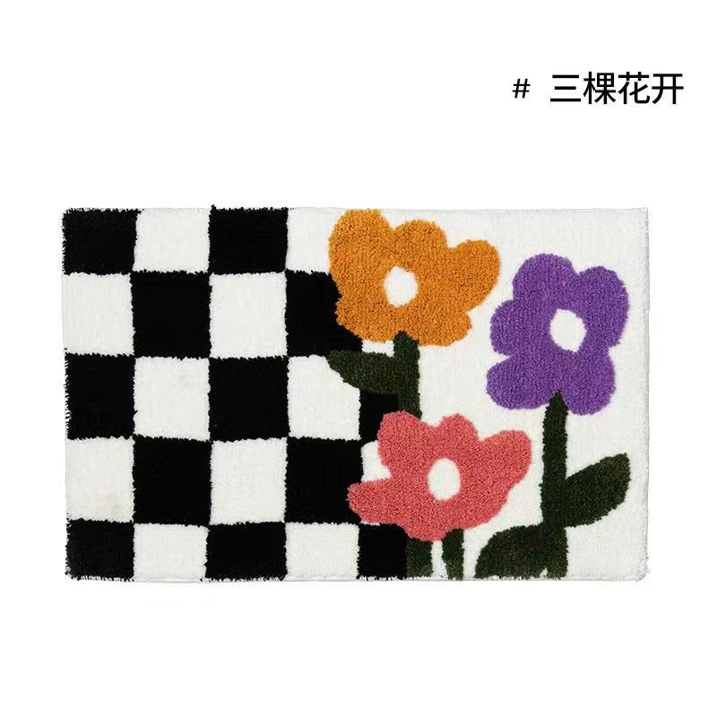 Avelena | Vintage Schachbrett Karo Badteppiche - Gemütlicher Retro Blumen Teppich für Badezimmer und Wohnkultur