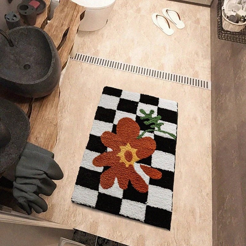 Avelena | Vintage Schachbrett Karo Badteppiche - Gemütlicher Retro Blumen Teppich für Badezimmer und Wohnkultur