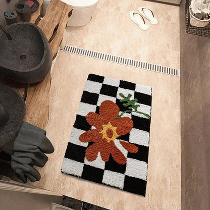 Avelena | Vintage Schachbrett Karo Badteppiche - Gemütlicher Retro Blumen Teppich für Badezimmer und Wohnkultur