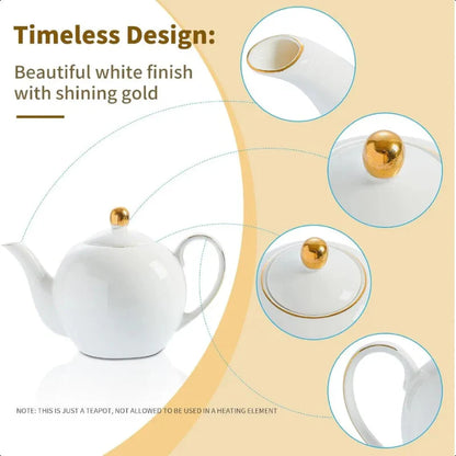 Avelena | Weißer Porzellan Teekanne Klassisches Design Teekannen mit Goldrand