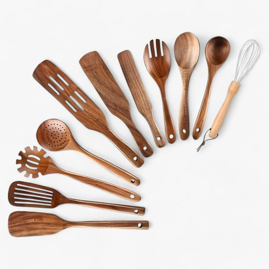 Avelena | WOODCHEF – 11-teiliges Holz-Küchenutensilien-Set für kratzfreies Kochen