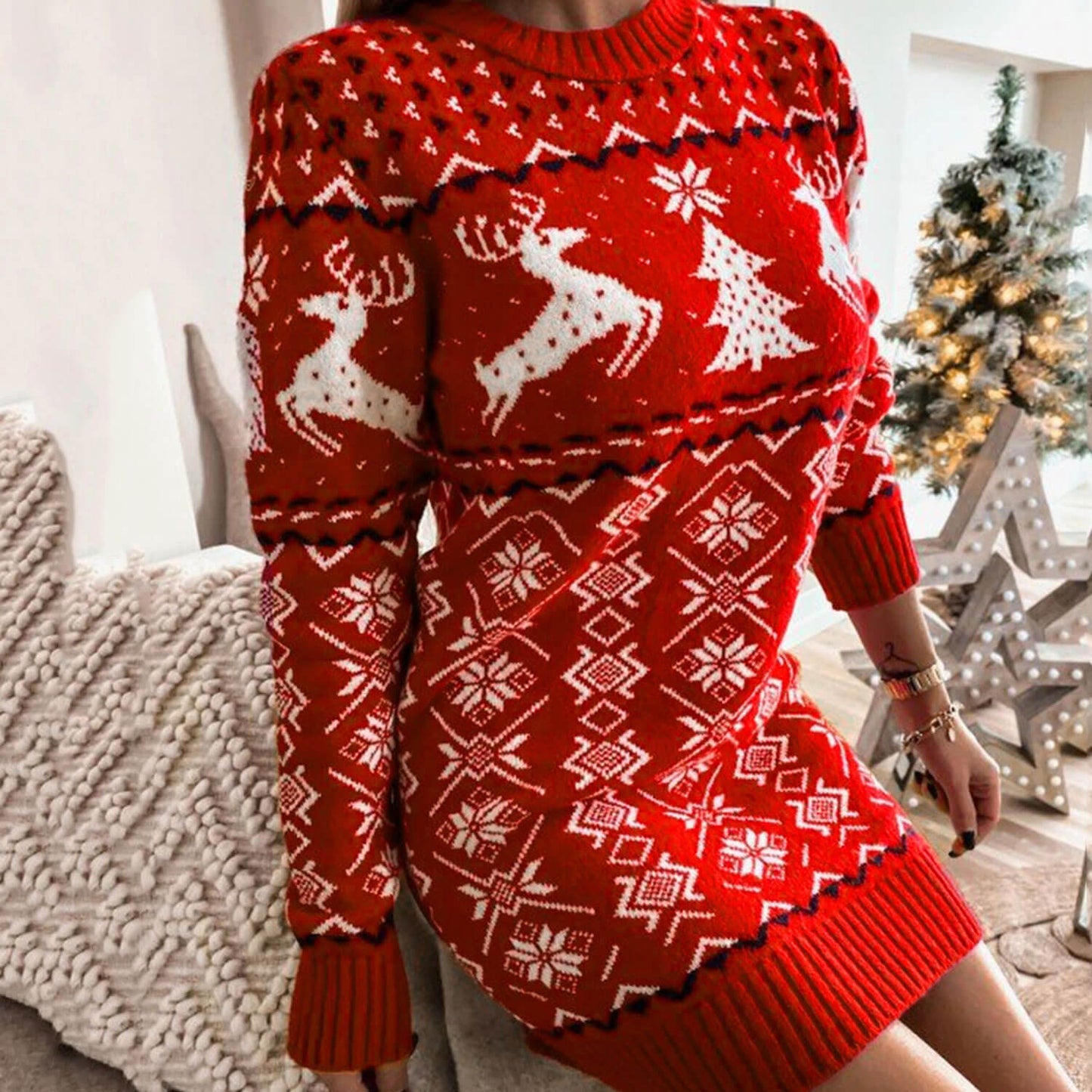 Rotes Avelena-Pulloverkleid mit Fair-Isle-Rundhalsausschnitt und Weihnachtsmotiv