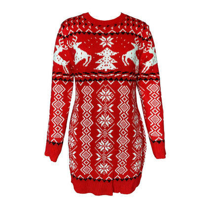 Rotes Avelena-Pulloverkleid mit Fair-Isle-Rundhalsausschnitt und Weihnachtsmotiv