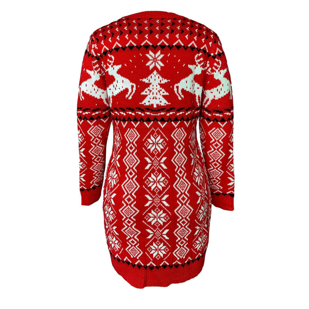 Rotes Avelena-Pulloverkleid mit Fair-Isle-Rundhalsausschnitt und Weihnachtsmotiv